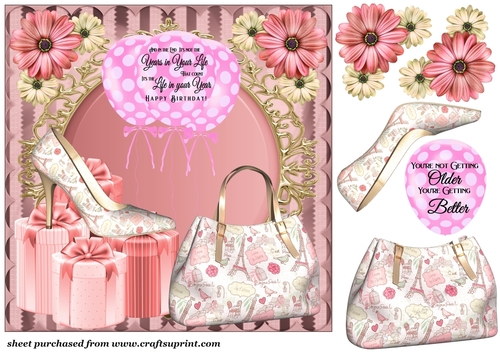 Pink shoe and bag Birthday card front 2