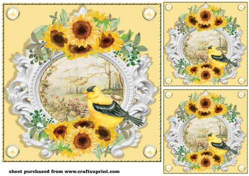 3 Yellow sunflower and bird card front/toppers 1