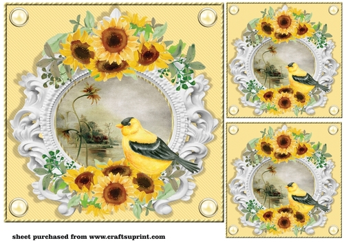 3 Yellow sunflower and bird card front/toppers 2
