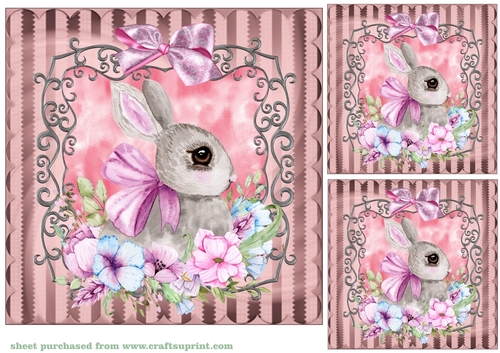 3 Pink floral rabbit card front/toppers