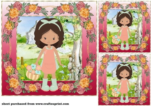 3 Girl collecting flowers card front/toppers