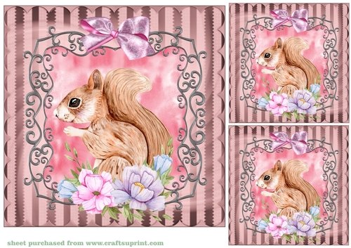 3 Pink floral squirrel card front/toppers