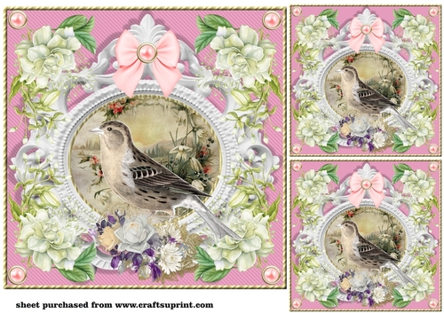 3 Pink floral bird card front/toppers 1