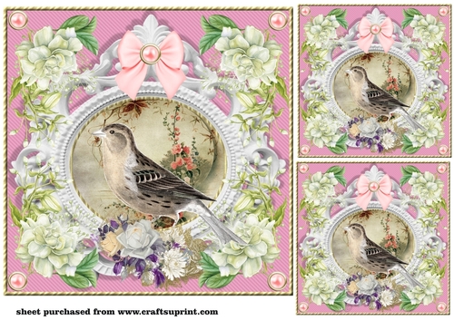 3 Pink floral bird card front/toppers 2