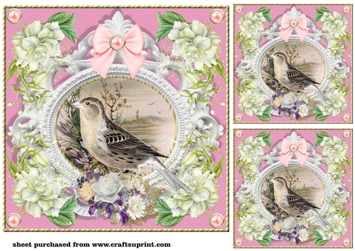 3 Pink floral bird card front/toppers 3