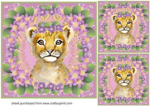 3 Purple floral lion card front/toppers