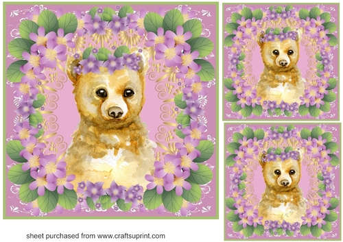 3 Purple floral bear card front/toppers