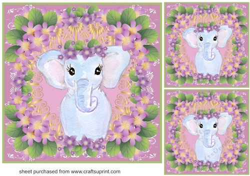 3 Purple floral elephant card front/toppers