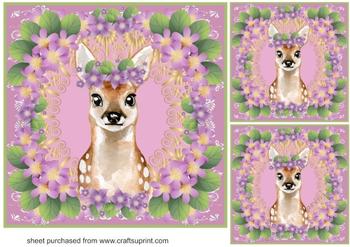 3 Purple floral fawn card front/toppers