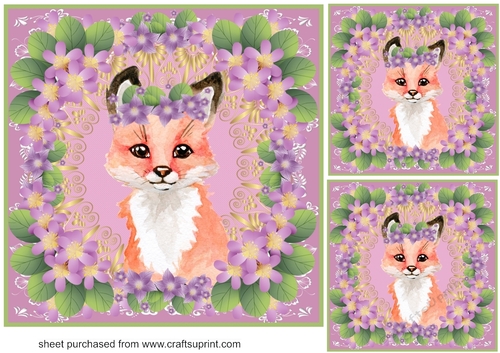 3 Purple floral fox card front/toppers