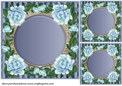 3 Blue water colour rose frame card front/topper(blanks) 2