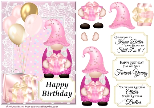 Pink gnome Birthday card front