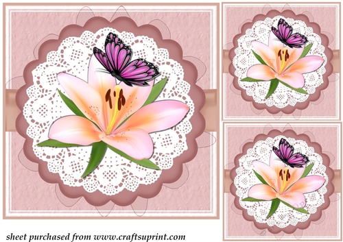 3 Pink lily and butterfly card front/toppers