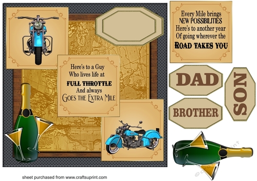 3 Panel blue motor bike card front with sentiments