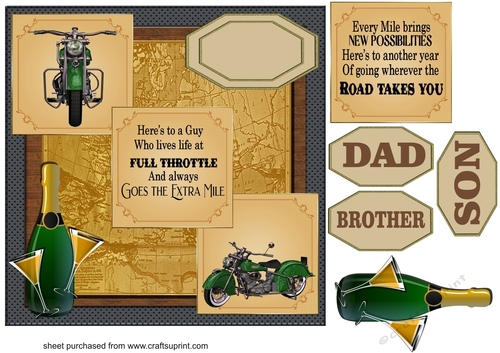 3 Panel green motor bike card front with sentiments