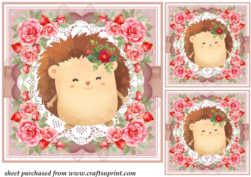 3 Pink rose hedgehog card front/toppers