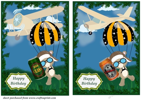 2 Parachuting Birthday bear with beer can card fronts