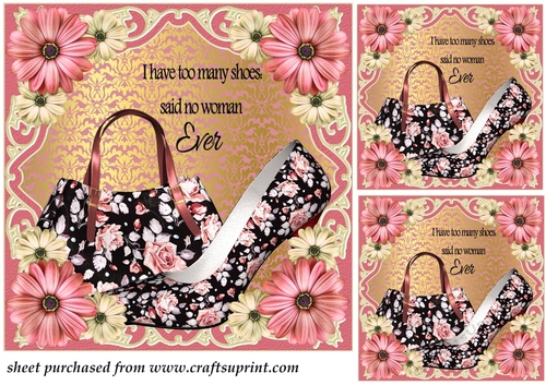 3 Pink i have too many shoes card fronts/toppers