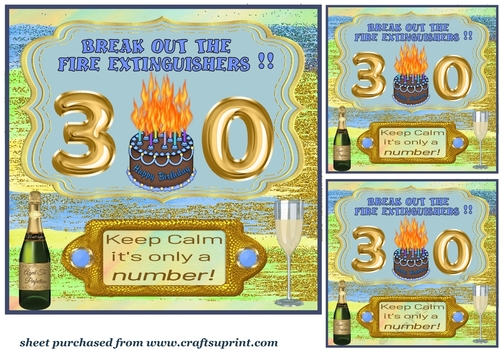 3 Blue Keep calm age 30 Birthday card front/toppers