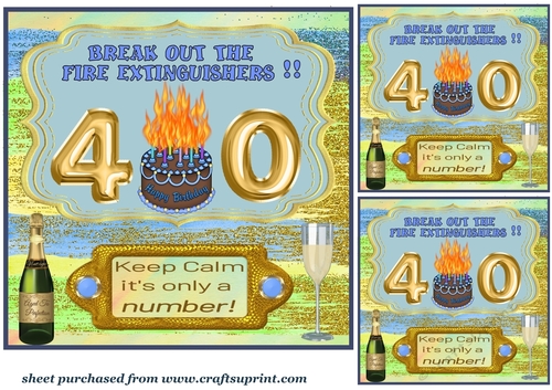 3 Blue Keep calm age 40 Birthday card front/toppers