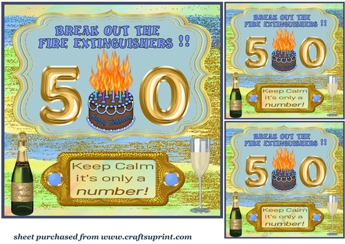 3 Blue Keep calm age 50 Birthday card front/toppers