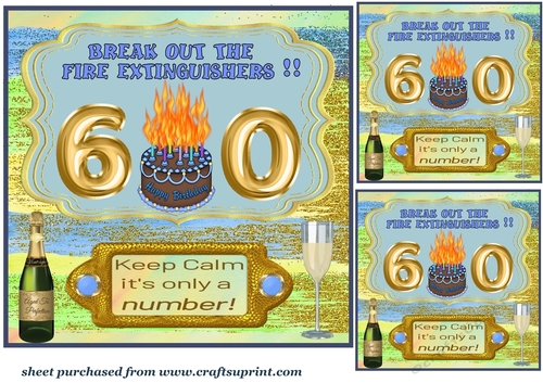 3 Blue Keep calm age 60 Birthday card front/toppers