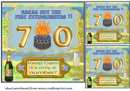3 Blue Keep calm age 70 Birthday card front/toppers