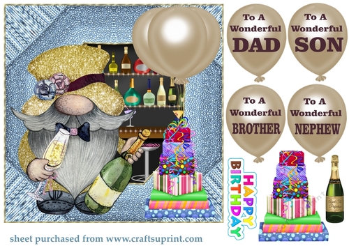 Male family Birthday champagne gnome card front