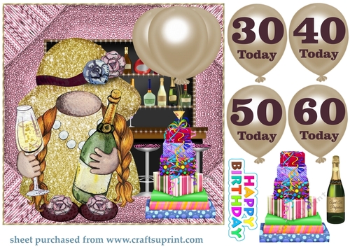 Pink age 30-60 Birthday champagne gnome card front