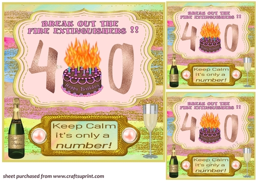 3 Pink keep calm age 40 card front/toppers
