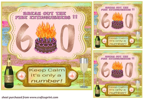 3 Pink keep calm age 60 card front/toppers