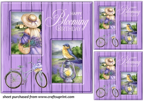 3 Lavender Happy Blooming Birthday card front/toppers