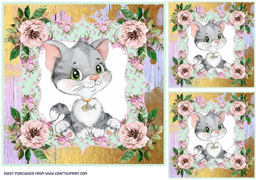 3 Cute floral kitten card front/toppers