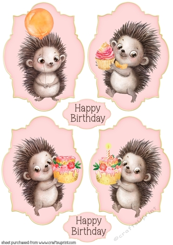 4 Pink hedgehog Birthday toppers