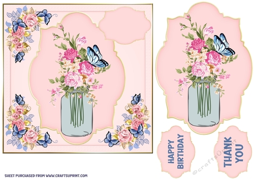 3 Pink rose and blue butterfly card front/toppers