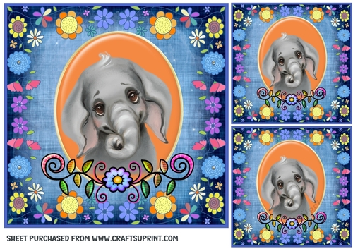 3 Blue floral animal card front/toppers 6