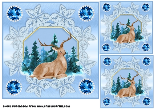 3 Blue Christmas deer card front/toppers