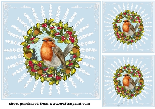 3 Christmas wreath robin card front/toppers