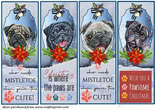 4 Christmas Pug bookmark/toppers