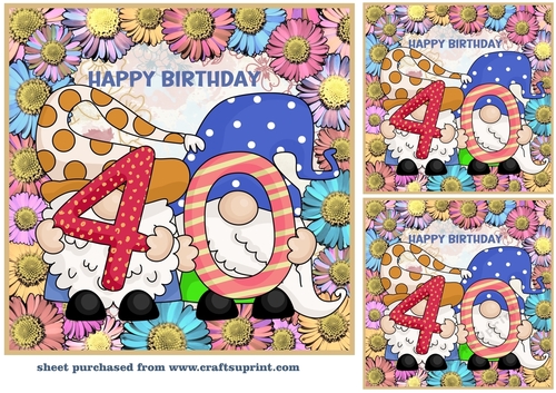 3 Age 40 Birthday gnome card front/toppers