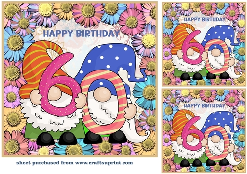 3 Age 60 Birthday gnome card front/toppers
