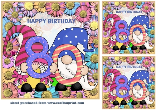 3 Age 80 Birthday gnome card front/toppers