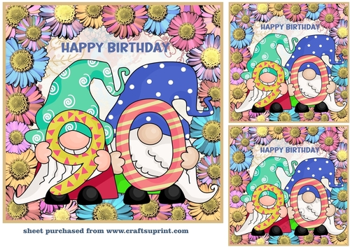 3 Age 90 Birthday gnome card front/toppers