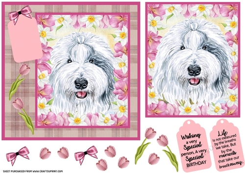 Pink tulip dog card front 2