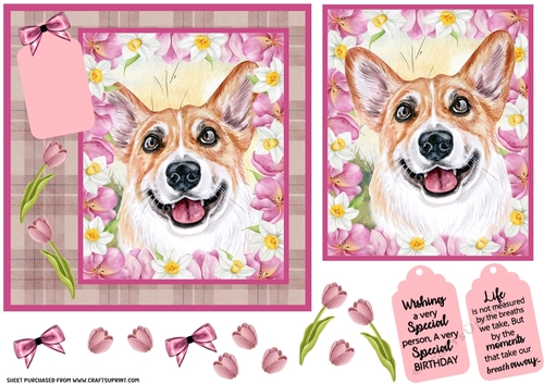 Pink tulip dog card front 12
