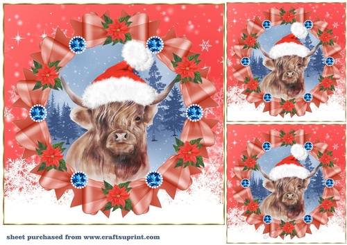 3 Red Christmas Highland cow card front/toppers