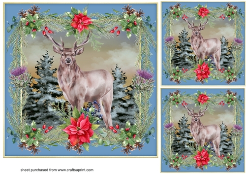 3 Poinsettia Highland stag card front/toppers 1