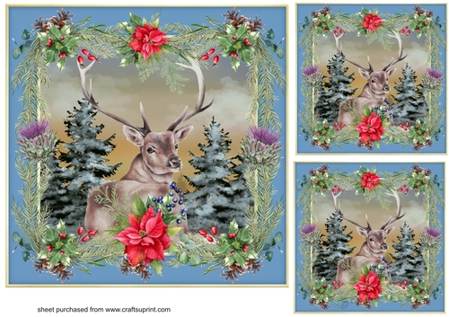 3 Poinsettia Highland stag card front/toppers 2