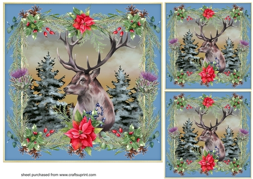 3 Poinsettia Highland stag card front/toppers 3
