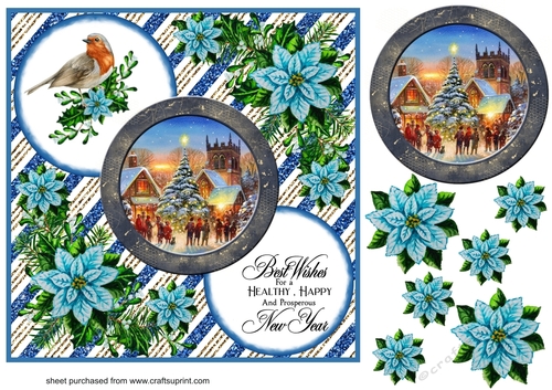 Blue Christmas scene card front 1